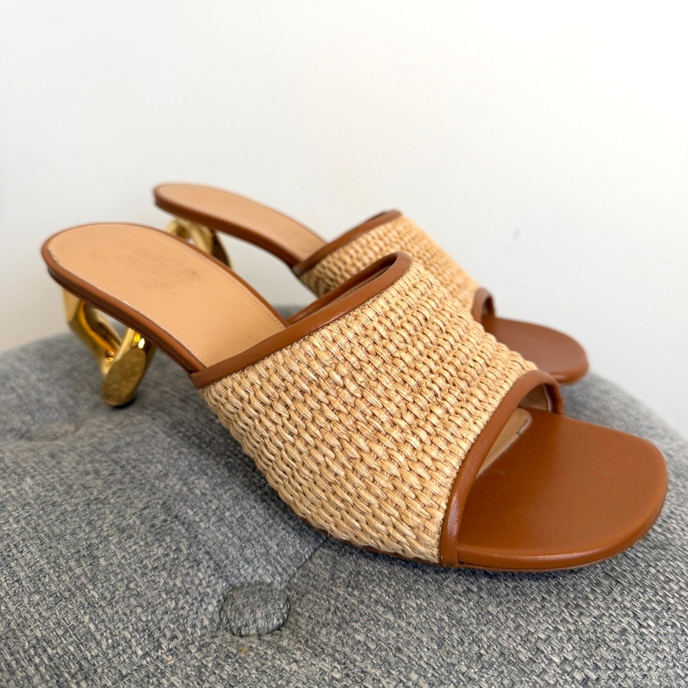 JW Anderson Tan Raffia Chain Link Heel Mules Square Toe Sandals IT 40 US 9/9.5 - Picture 4 of 11